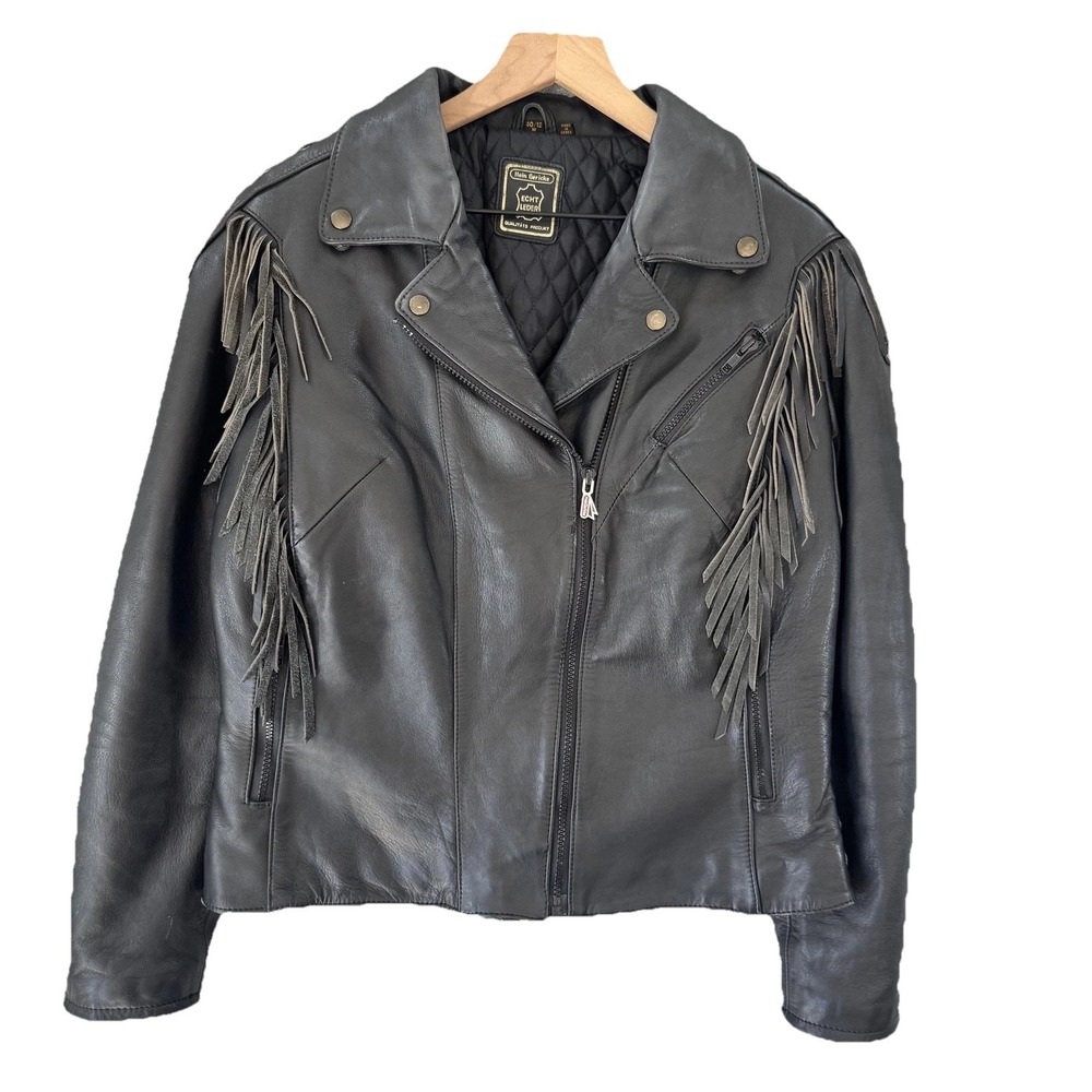 Vintage Hein Gericke‎ Jacket Womens 12 Black Fringe Leather Motorcycle Biker